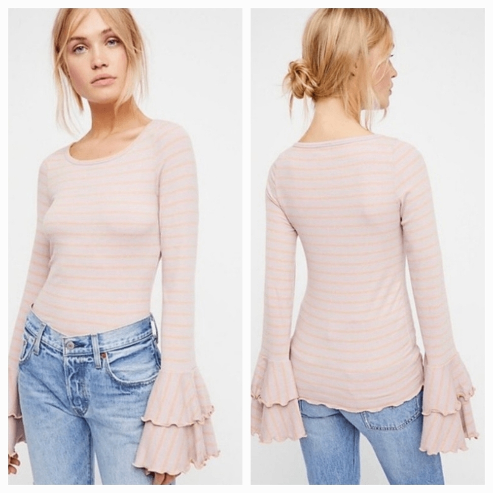 Free People We The Free Striped Ruffle Bell Sleeve Long Sleeve Top
